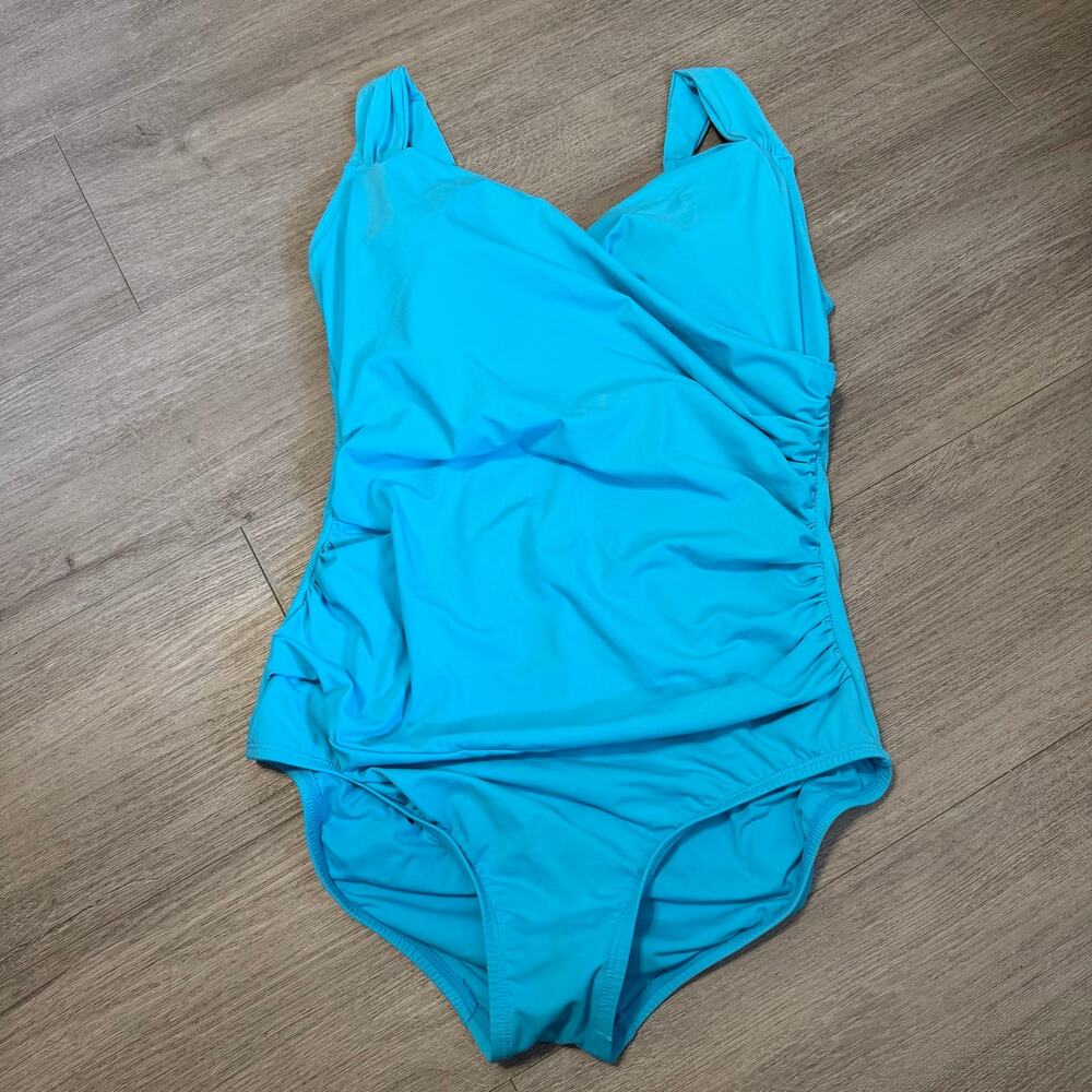 Jantzen Turquoise Shirred One Piece Swimsuit Tummy Control Wide Strap Sz 12